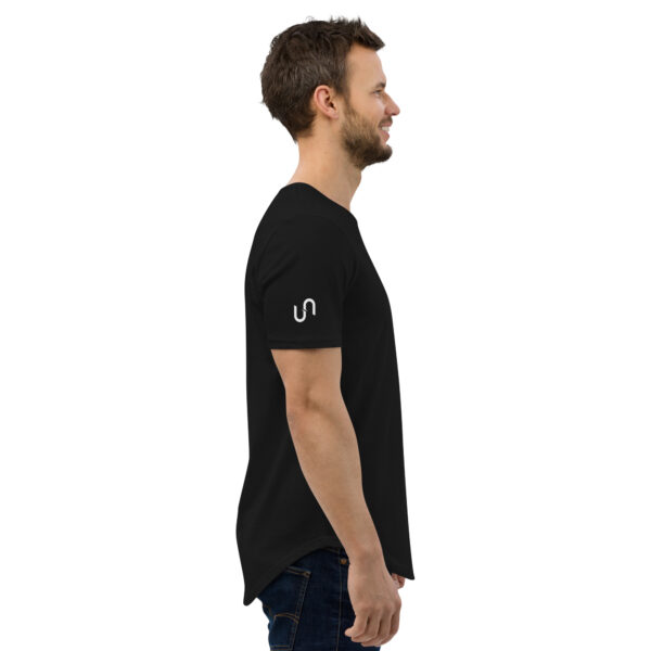 Unplug Men's Curved Hem Black T-Shirt sleeve logo - Image 3